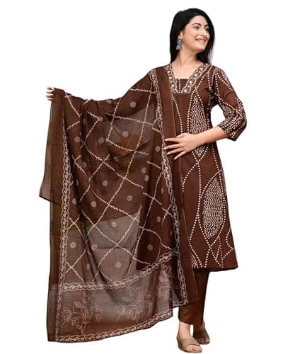 ZYLAURA Indian Casual Dress for Women Salwar Kameez Suit - Pure Cotton Ethnic Straight kurti Set, Festive Traditional Wear 3/4 Sleeve - Brown-Color Large Size