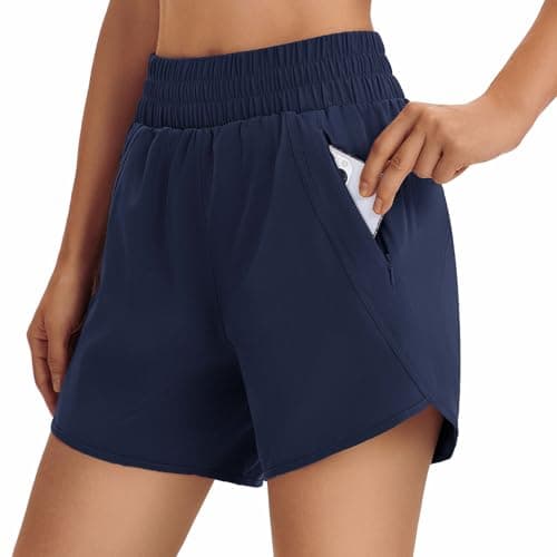 Hooxum Women's 5" Athletic Running Shorts High Waisted Quick Dry Lightweight Workout Gym Track Shorts with Zip Pocket UPF 50+ NavyBlue L