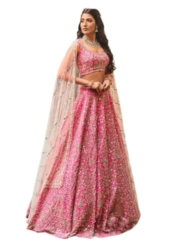 Indya Pink Embroidery Silk Blend Lehenga Choli for Wedding | Sleeveless | U Neck | Indian Ethnic Wear