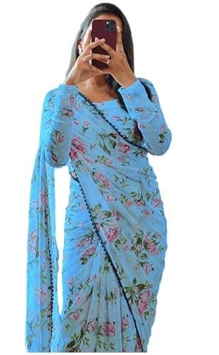 Sidhidata Women's Georgette Digital Printed Ready To Wear one Minute Saree With Unstitched Blouse Piece (X Sky Blue)