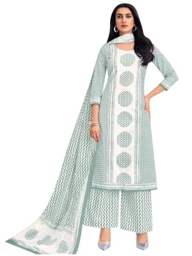 ladyline Womens 100% Cotton Jaipuri Printed Salwar Kameez Suit – Ethnic Kurta, Pants & Mal Dupatta Set | Indian Punjabi Dress (CPSK DTCG) (46/ White-Gray)