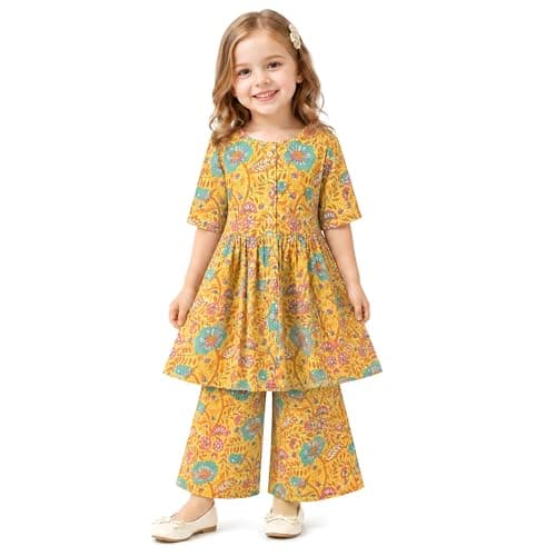 Chandrakala Kids Kurti Pant Set Co-Ord Set for Girls Ethnic Wear Yellow Floral,6-7 Years (KG119YEL8)
