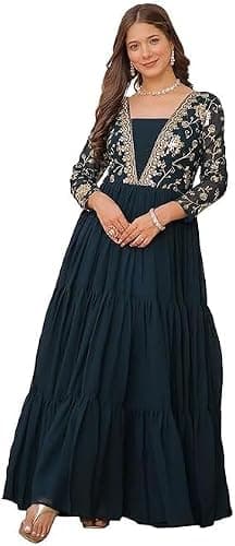 FOXDX Women’s Embroidered Georgette Anarkali Dress | Long Flared Ethnic Gown with Full Sleeves for Party & Festive Wear (US, Alpha, X-Large, Regular, Regular, Rama)
