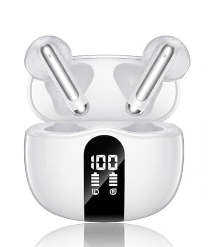XIAOWTEK Wireless Earbuds, 2026 Bluetooth 5.4 Headphones Bass Stereo Ear Buds with Noise Cancelling Mic, LED Display in Ear Earphones 50H Playtime Ear Buds, IP7 Waterproof for Laptop Pad Phones White