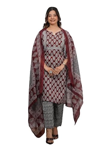OUTFITARA FASHION AS UNIQUE AS YOU ARE Women’s Printed Straight Kurta Set with Dupatta & Pants | Ethnic Rayon Kurti Suit | 3-Piece Traditional Outfit (US, Alpha, Medium, Regular, Regular)