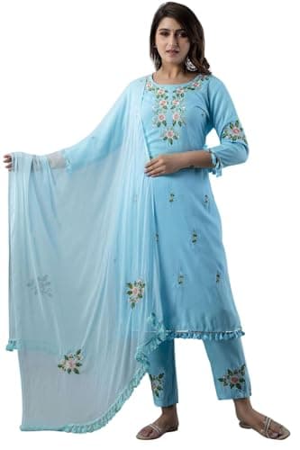 JG Women's Ethnic Wear Collection Rayon Straight Embridered Kurti & Pant Set With Dupatta (US, Alpha, Small, Regular, Regular, Blue)