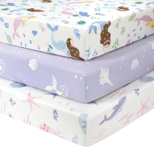 FIEMOL Baby Crib Sheets Girl, 3 Pack Toddler Bed Sheets Fitted for 52”x28” Standard Crib and Toddler Mattresses, Super Soft Microfiber Purple Mermaid