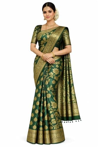 AD CREATION Women's Kanjivaram Soft Silk Saree With Unstitched Blouse Piece (Green)