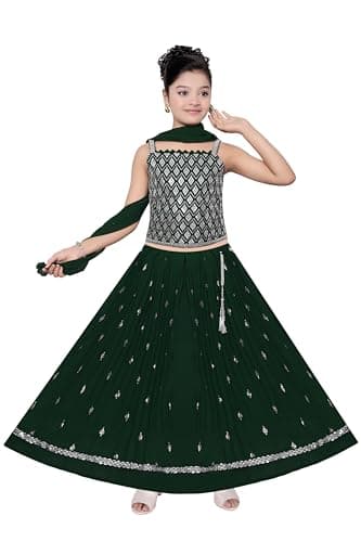 CLOTH ADDA Kids Indian Girls Ethnic Kurta Lehenga Choli Dress Set with Sling, Velvet Fabric, Zari and Embroidery Work