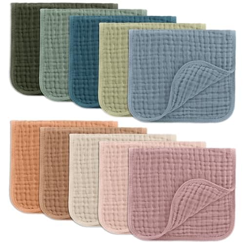Comfy Cubs Muslin Burp Cloths 20" x 10", Pack of 10 - Large, 6-Layer, Ultra Absorbent 100% Cotton for Baby Drool and Messes - Soft, Safe & Gentle Baby Burp Cloths for Boys & Girls - Multi