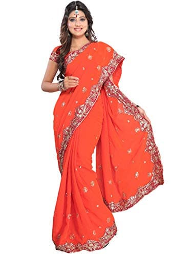 Indian Trendy Women's Bollywood Sequin Embroidered Sari Festival Saree Unstitched Blouse Piece Costume Boho Party Wear (Orange)