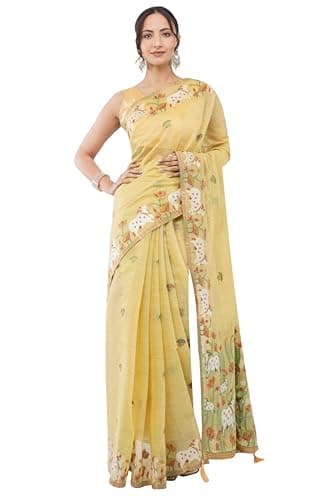 Women’s Handloom Jamdani Saree with Traditional Pichwai Motif & Floral Border | Lightweight Ethnic Saree for Festive & Casual Wear Yellow