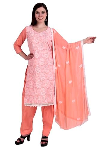 ladyline Chikankari Hakoba Style Embroidered Salwar Kameez Suit Set Indian Pakistani Womens Dress (CESK, Peach-40)