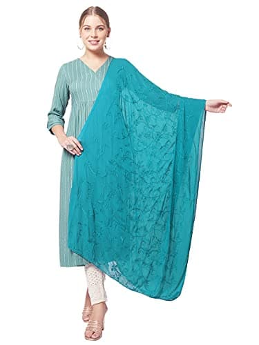 DUPATTA BAZAAR Women's Rama Green Floral Embroidered Chiffon Dupatta