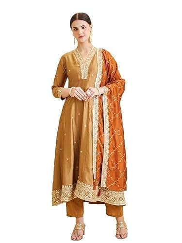 Women’s Embroidered Kurta Set with Dupatta Indian Ethnic Salwar Suit for Festive,Wedding & Partywear, Designer Outfit (US, Alpha, XX-Large, Regular, Regular, Golden)