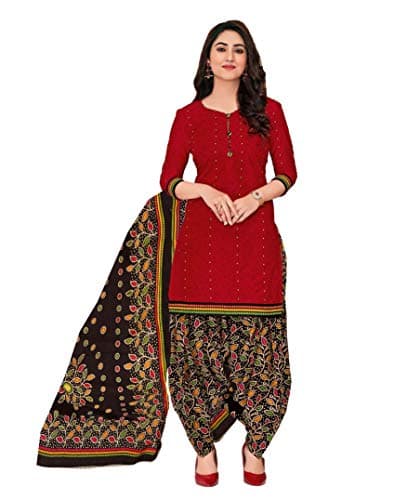 Miraan Women's Cotton Printed Readymade Salwar Suit Small Red