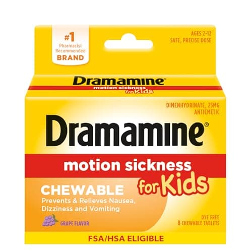 Dramamine Motion Sickness Chewable for Kids, Prevent & Relieve Motion Sickness, Dizziness & Nausea, Grape-Flavored Tablets, 8 Count