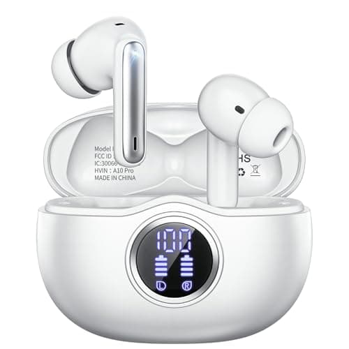 Fhumsh Wireless Earbuds, Bluetooth 5.3 Headphones HiFi Stereo 50H Playback LED Digital Display Ear Buds with ENC Noise Canceling Headset, IPX7 Waterproof Earphones for Gym/Running/Work (White)