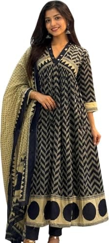 Women's Cotton Taj Anarkali Kurta Set with Dupatta & Pants | Indian Dresses for Women | Ethnic Kurta Set | Block Print | (US, Alpha, Large, Regular, Regular, Navy Blue)