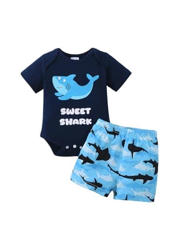 NZRVAWS Baby Boy Clothes 3-6 Months Newborn Letter Printed Short Sleeve Romper Shark Shorts Set t Outfits Clothing Blue
