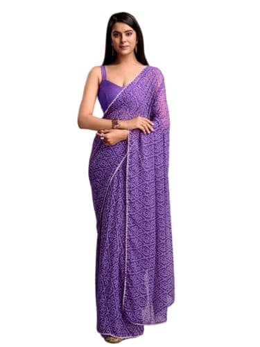 BE4ME.COM One Min Ready Draped Saree - Pre-Stitched Party, Festive & Wedding Wear With Unstitched Blouse (Violet Bandhani)