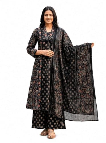 Mehniya Maison Women's Floral Print Cotton Kurta Palazzo Dupatta Set A-Line Indian Ethnic Outfit for Party and Festive Wear - Small Black