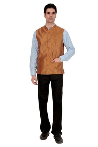 Curiozz Nehru Jacket Waistcoat Men's Poly Dupion Silk – Stylish Formal & Ethnic Wear Sleeveless Coat Color Brown-XL