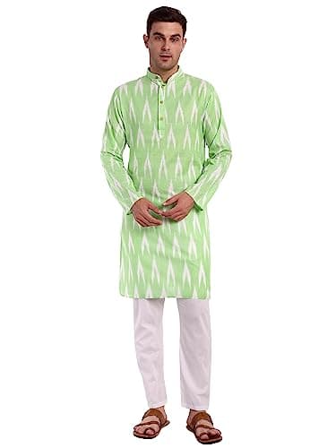 SKAVIJ Men's Pure Cotton Printed Kurta Pajama Set Ikat Design Casual Ethnic Dress (KP118limegreen_Lime Green_S)