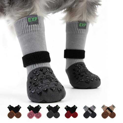 EXPAWLORER Anti Slip Dog Socks to Prevent Licking Paws, Hot Pavement Dog Boots & Paw Protectors Booties for Hardwood Floors with Heart Grippers, Dog Shoes for Small Medium Large Senior Dogs Grey S