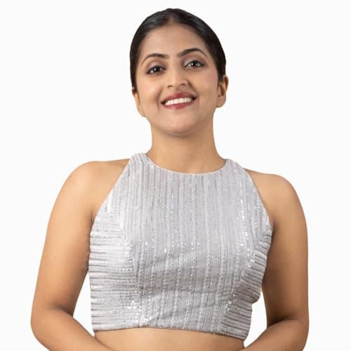 FIGURE'S DESIGNER Women's Sequin Embroidered Halter Neck Sleeveless Readymade Saree Blouse Indian Ethnic Designer Stitched Plus Size Top Padded Lavender Pink Blue Silver Black (34, Silver)