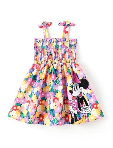 Disney Minnie Mouse Girls Dress Floral Patterns Sundress Bow Tie Straps Smocked Summer Outfit Birthday Party Holiday Clothes Multicoloured Size 6-7