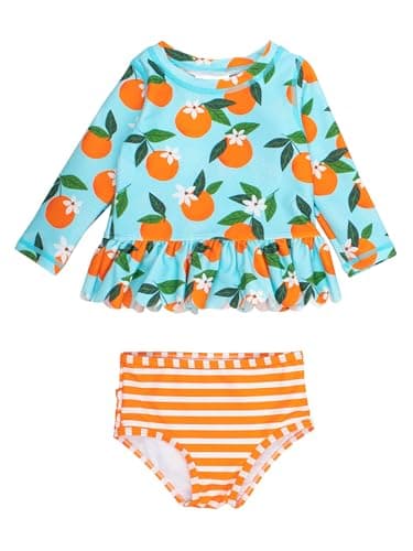RuffleButts Baby/Toddler Girls Scalloped Long Sleeve Rash Guard 2-Piece UPF50+ Sun Protected Swimsuit - Blue Orange You The Sweetest, 3T