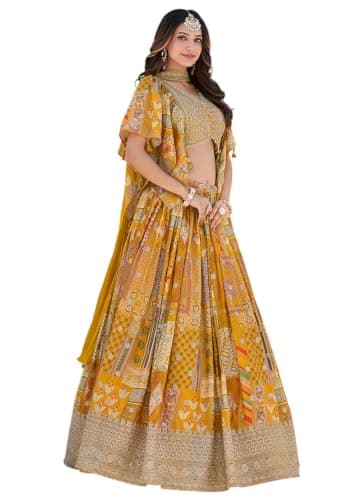 Indya Yellow Printed Silk Blended Lehenga Set for Haldi Lehengas | XL Size | Sleeveless | Ethnic Wear | Round Neck