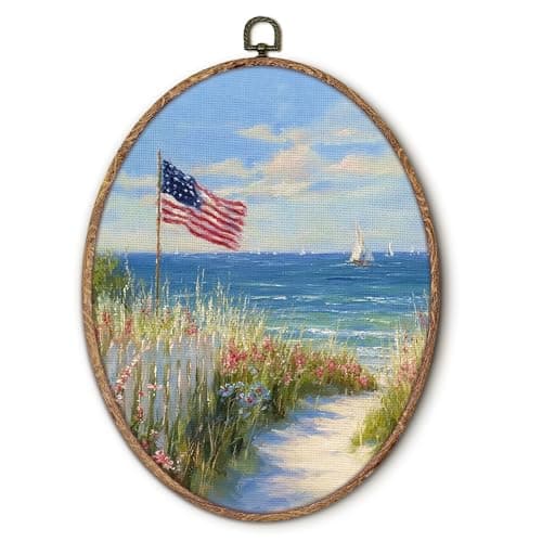 Hxlac Americana Decor, Coastal Beach American Flag Oval Wall Art Framed, 4th of July Patriotic Oval Wall Decor, Summer Ocean Landscape Canvas Prints Wall Sculptures for Home Bedroom Living Room Decor, 8.5x11.5 Inch