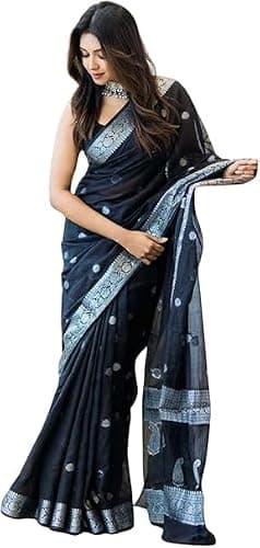 AL KASEEN Women's Pure Soft Cotton Silk Saree Kanjivaram Style With Blouse Piece for Wedding,Ideal for Weddings (Black, Free Size)