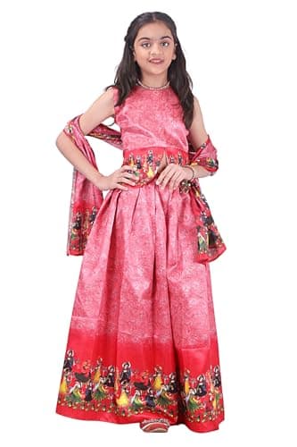 BLOOMBUD Girls Silk Blend Indian Ethnic Lehenga Choli Set with Dupatta – Printed Silk Party Wear Dress for Festivals & Weddings (Pink, 3-4 Years)
