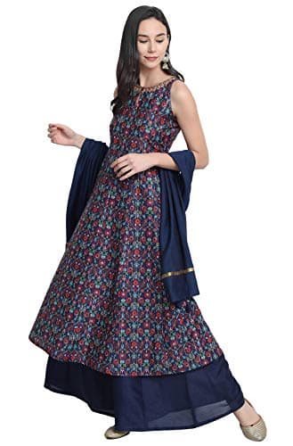 Janasya Indian Women's Blue Poly Muslin Printed Kurta With Palazzo and Dupatta