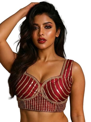 TRENDMALLS Women's Dhupion Silk Embroidery Sequence Work Blouse Choli Stylish Saree Blouse Ready to Wear (B13-Maroon-Free)