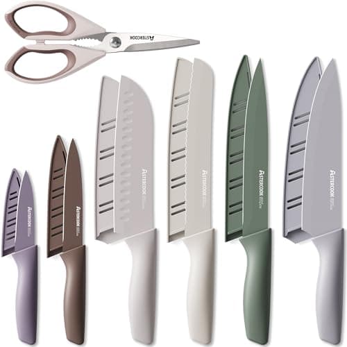 Astercook Knife Set, 13 Pieces Kitchen Knives Set with Healthy Anti-Rust Coating, Dishwasher Safe, Stainless Steel Chef Knife Sets with 6 Blade Guards, Perfect Holiday Gifts for Kitchen Morandi