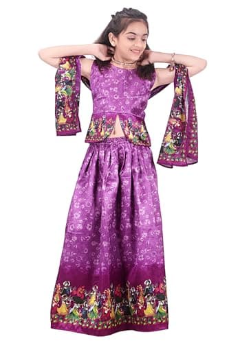 BLOOMBUD Girls Silk Blend Indian Ethnic Lehenga Choli Set with Dupatta – Printed Silk Party Wear Dress for Festivals & Weddings (Purple, 4-5 Years)