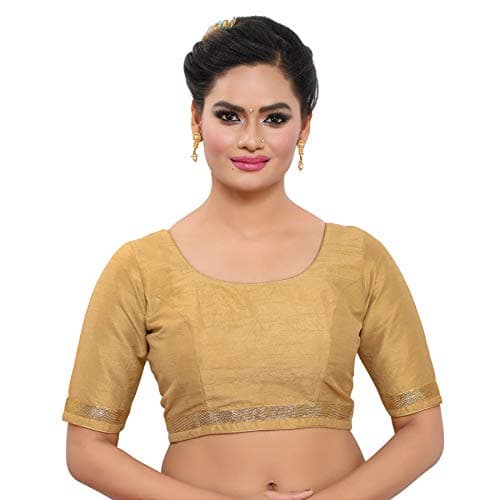 Madhu Fashion Womens Raw Silk Elbow Length Sleeves Readymade Saree Blouse (42, GOLD)