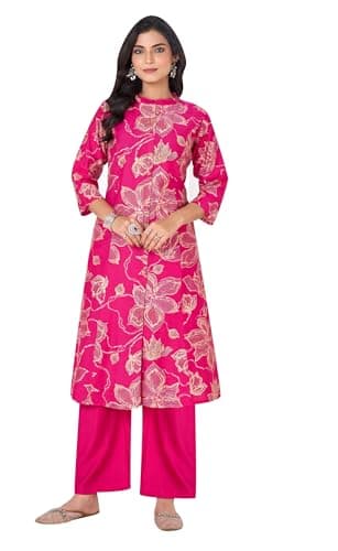 ladyline Women's 2-Piece Co-Ord Set with Roman Silk Floral Tunic Kurta and Straight Pants Set| Flared Kurti with Front Slit, Mandarin Neck (SPKP SNIS) (38/ Pink)
