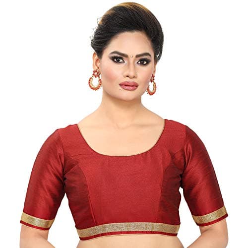 Madhu Fashion Womens Raw Silk Elbow Length Sleeves Readymade Saree Blouse (40, MAROON)