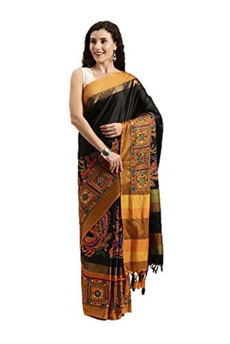 saree for Womens Ethnic Indian Wedding Gift Sari With Blouse Piece party wear (Black & Orange, Unstitched)