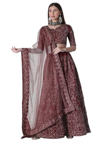 Indya Women's Maroon Silk Lehenga Set, Half Sleeve, Sweetheart Neck, Embroidered