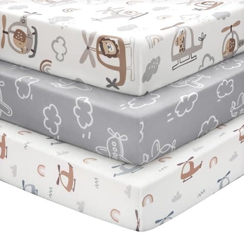 FIEMOL Baby Crib Sheets for Boys and Girls, 3 Pack Toddler Bed Sheets for 52”x28” Standard Toddler Mattresses, Soft Microfiber Fitted Crib Sheets Neutral Grey Helicopter