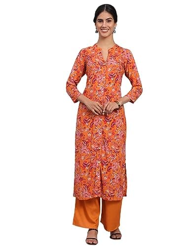Tissu Women's Rayon Orange Floral Printed Kurta with Palazzo (Tis-662_Orange_M)