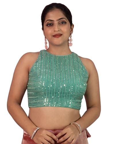 FIGURE'S DESIGNER Women's Sequin Embroidered Halter Neck Sleeveless Readymade Saree Blouse Indian Ethnic Designer Stitched Plus Size Top Padded Lavender Pink Blue Silver Black (SEA Green, 38)
