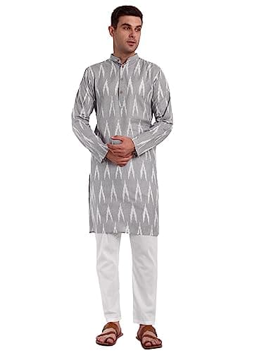SKAVIJ Men's Pure Cotton Printed Kurta Pajama Set Ikat Design Casual Ethnic Dress (KP118grey_Grey_M)