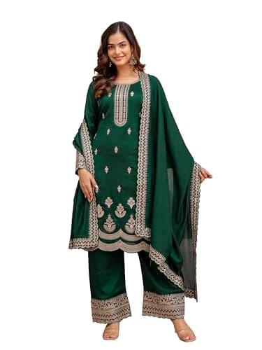 TRENDMALLS Women's Art Silk Embroidery Kurta Palazzo with Dupatta Set (G346-Green-XL)